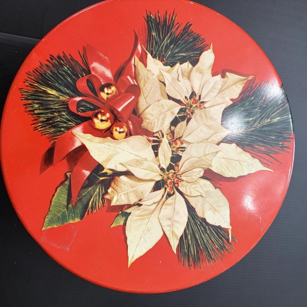 Vintage Christmas Poinsettias Round Metal Tin Red White Flowers Pine Bells